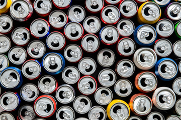 Recycling aluminum or metal empty cans top view. Group of cans for reuse and recycle. - Image
