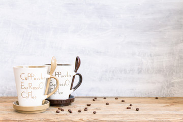 Two modern stylish coffee mugs with copy space