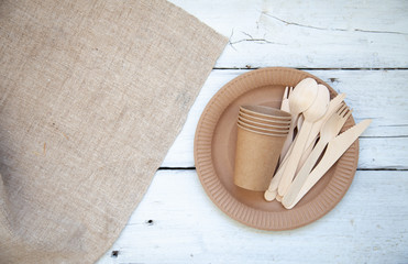 Various eco-friendly kraft paper packaging, containers for takeaway food. Zero waste and recycling concept.