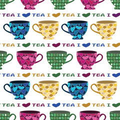 Vector Blue Green Pink Yellow Tea Cups Mugs on White Seamless Repeat Pattern