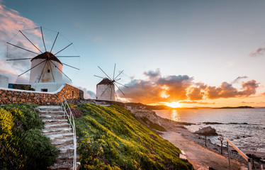 The white windmills of Mykonos Island, famous Mykonos sunset, Kato Mili close to Little Venice,...
