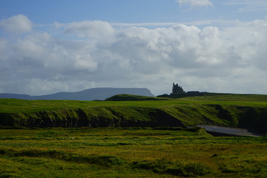 Classiebawn Castle and Benbulben Mountain view from Mullaghmore Peninsula, Mayo, Wild Atlantic Way, Ireland