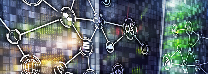 Information and telecommunication technology concept. Diagrams with icons on server room...