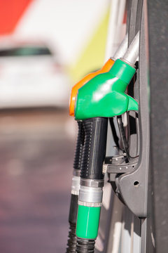 View of a Colorful Petrol pump filling nozzles, Gas station in a service