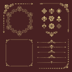 Vintage set of vector horizontal, square and round elements. Golden elements for backgrounds, frames and monograms. Classic patterns. Set of vintage golden patterns