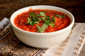 adjika, ceramic, salty, vegan, home made, tasty, healthy, taste, ketchup, dish, natural, pickled, grated, vegetable, preservation, canning, eat, national, ripe, cooking, fresh, food, cuisine, homemade