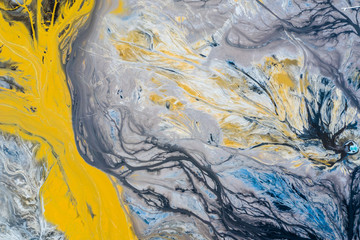 Degraded landscape. Destroyed land. View from above. Surrealistic lake.Human impact on the...