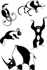 Animal art silhouettes black on white illustration.  Decor animal silhouette collection for design