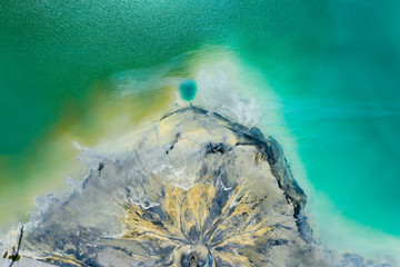 Degraded landscape. Destroyed land. View from above. Surrealistic lake.Human impact on the...