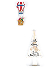 Santa Claus in Hot air balloon flight up to a wood white tree, on white background