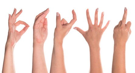 Set of woman's hand measuring invisible items. Isolated on white