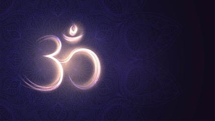 Background with glowing sign Om, Hinduism, Buddhism, mantra - obrazy, fototapety, plakaty