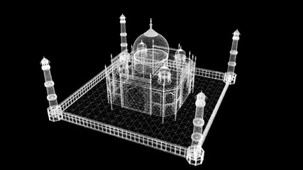 3D Illustration Modern and Advance 3d Illustration of Taj Mahal Glowing Particles lines and doted Taj Mahal 8K India Landmark Black Background Aerial Shot View