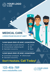 Stylish Medical Care template for Medical Center with illustration of doctors for Brochure, Flyer, Magazine, Poster, Corporate Presentation, infographic, marketing material. Vector template in A4 size
