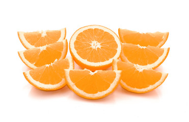 fresh orange fruits group slice and round cut half decoration prepare for serve isolated on white background