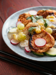 Asian Barbecued TVP Medallion Salad with Gooseberry Sauce