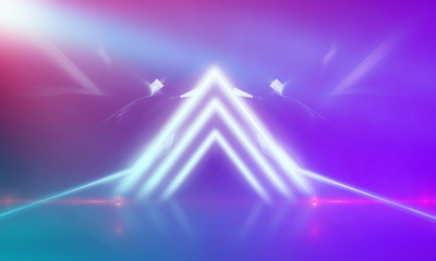 Fototapeta na wymiar Ultraviolet abstract light. Light tunnel and laser lines. Violet and pink gradient. Modern background, neon light. Empty stage, spotlights, neon. Abstract light.