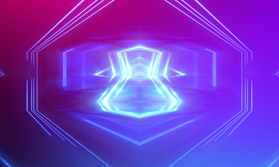 Ultraviolet abstract light. Light tunnel and laser lines. Violet and pink gradient. Modern background, neon light. Empty stage, spotlights, neon. Abstract light.