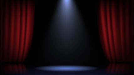 Empty scene with a red curtain and spotlights. Concert, show, performance - obrazy, fototapety, plakaty