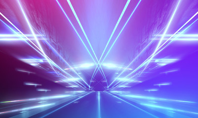 Ultraviolet abstract light. Light tunnel and laser lines. Violet and pink gradient. Modern background, neon light. Empty stage, spotlights, neon. Abstract light.