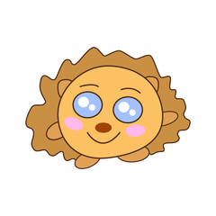Cute kawaii hedgehog with big open eyes, stands on its paws, smiles, greets and waves its paws. Vector flat icon, logo, sticker.