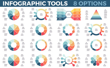 Vector infographics. Circular diagrams. Data visualization templates with 8 steps, options, processes. Vector charts.