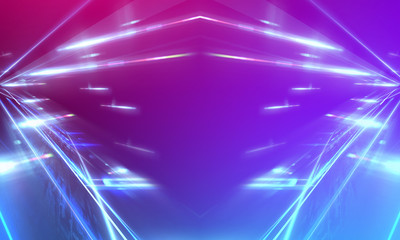 Obraz premium Ultraviolet abstract light. Light tunnel and laser lines. Violet and pink gradient. Modern background, neon light. Empty stage, spotlights, neon. Abstract light.