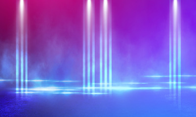 Ultraviolet abstract light. Light tunnel and laser lines. Violet and pink gradient. Modern background, neon light. Empty stage, spotlights, neon. Abstract light.