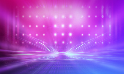 Ultraviolet abstract light. Light tunnel and laser lines. Violet and pink gradient. Modern background, neon light. Empty stage, spotlights, neon. Abstract light.