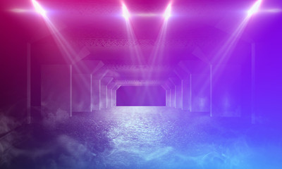 Fototapeta premium Ultraviolet abstract light. Light tunnel and laser lines. Violet and pink gradient. Modern background, neon light. Empty stage, spotlights, neon. Abstract light.