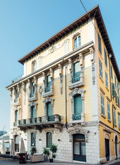 Fototapeta na wymiar Salo' Garda Lake, Italy - Sunday 1 September 2019: building in the historic center of Salo'.
