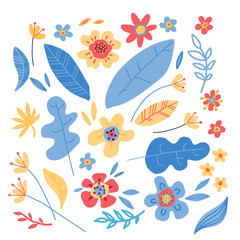 Set of simple minimalistic colorful flowers. Floral collection. Hand drawn doodle wild flowers, herbs, leaves. Flat style vector. Simple botany icons. Colorful plants for seasonal decor