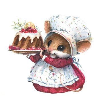 Watercolor mouse illustration with christmas cake