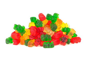 Heap of jelly bears or gummy bears candies isolated on white background