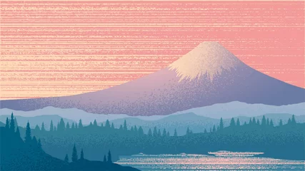Vektorillustration mit dem Berg Fuji, Sonnenuntergang, japanische Landschaft © lidiia