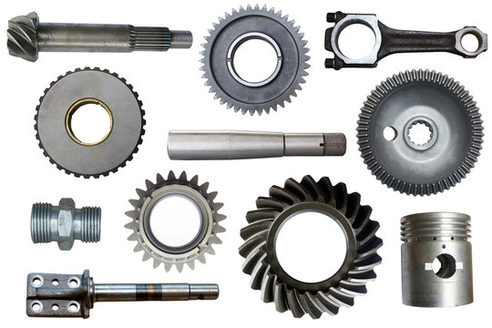 Industrial collage of spare parts. Collection industrial metal objects isolated on a white background.