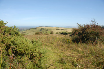 South Downs National Park, Sussex, England, UK. View from Ditchling Beacon car park looking east along the route of the South Downs Way . The South Downs Way is a national trail popular with walkers.