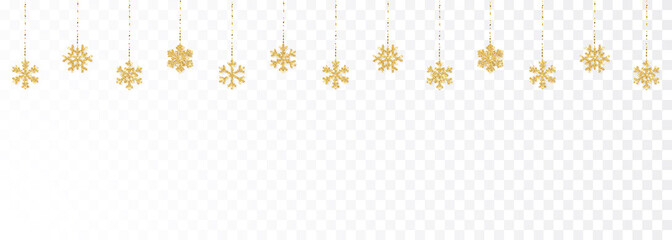 Christmas or New Year golden decoration on transparent background. Hanging glitter snowflake. Vector illustration