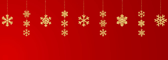 Christmas or New Year golden snowflake decoration garland on red background. Hanging glitter snowflake. Vector illustration
