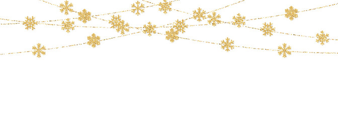 Christmas or New Year golden snowflake decoration garland on white background. Hanging glitter snowflake. Vector illustration © Oleh