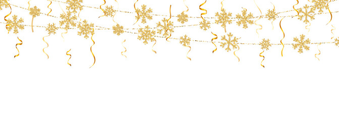 Christmas or New Year golden snowflake decoration garland on white background. Hanging glitter snowflake. Vector illustration