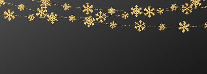 Fototapeta na wymiar Christmas or New Year golden snowflake decoration garland on black background. Hanging glitter snowflake. Vector illustration