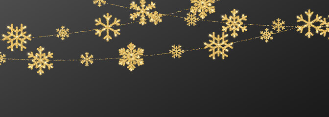 Christmas or New Year golden snowflake decoration garland on black background. Hanging glitter snowflake. Vector illustration