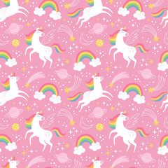 Ba Unicorn pattern. Vector seamless pattern with white unicorns, rainbow and stars. Isolated on a pink background. sic RGB