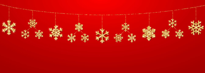 Naklejka na ściany i meble Christmas or New Year golden snowflake decoration garland on red background. Hanging glitter snowflake. Vector illustration