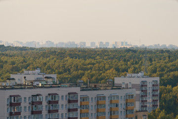 Photography of the sleeping area of Moscow. View from above / top view. Lifestyle of big city in summer time.