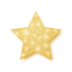 Gold shiny glitter glowing star with shadow isolated on white background. Vector illustration