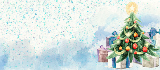 Watercolor christmas background with christmas tree