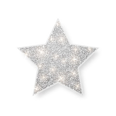 Silver shiny glitter glowing star with shadow isolated on white background. Vector illustration
