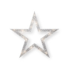 Obraz premium Silver shiny glitter glowing star with shadow isolated on white background. Vector illustration